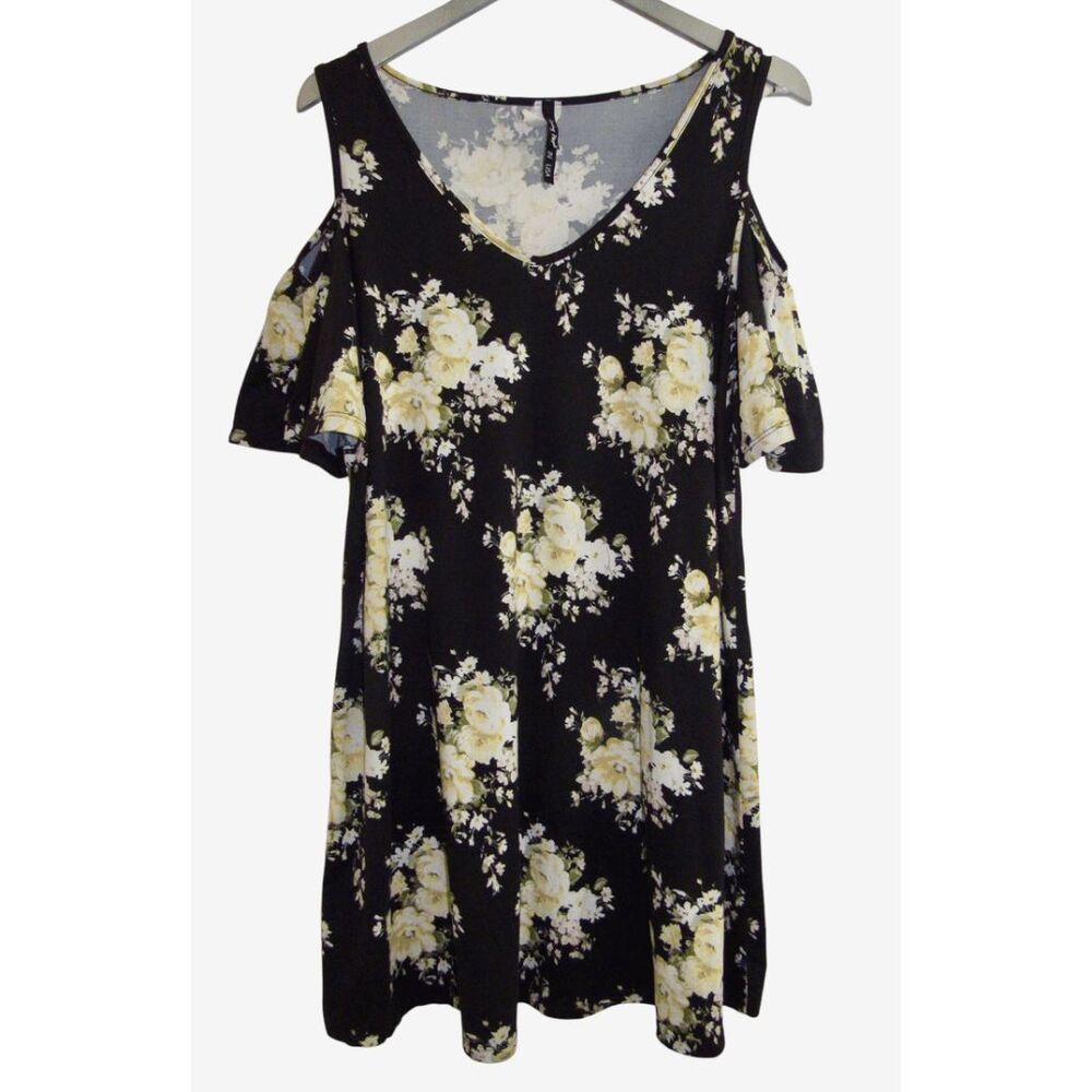 Loving People Black Yellow Floral‎ Flutter Sleeve Dress Sz L